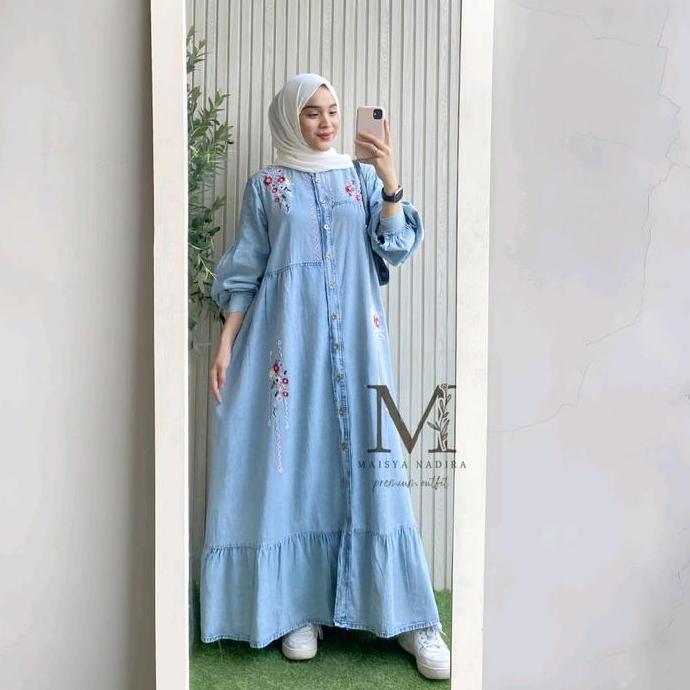 Regreg- Dress Maxy Gamis Soft Jeans Washed Wanita Muslim Cantik Dengan  Variasi Aksen Bordir