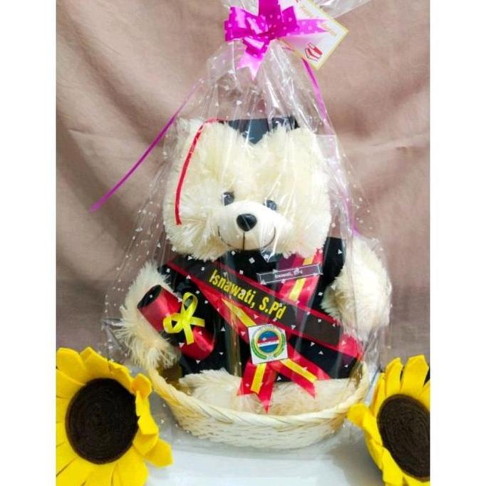 Lucuu- Ready // 30 Cm Boneka Wisuda Beruang Bulu // Teddybear Pakai Keranjang , Selempang , Kotak Mi
