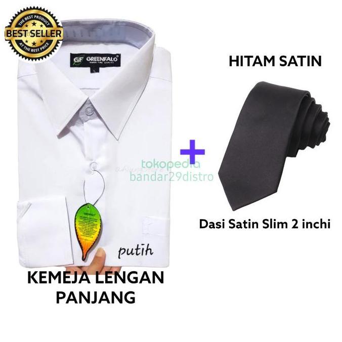 Set Kemeja Pria Putih Polos dan Dasi Polos Satin Slim 2inchi Hitam