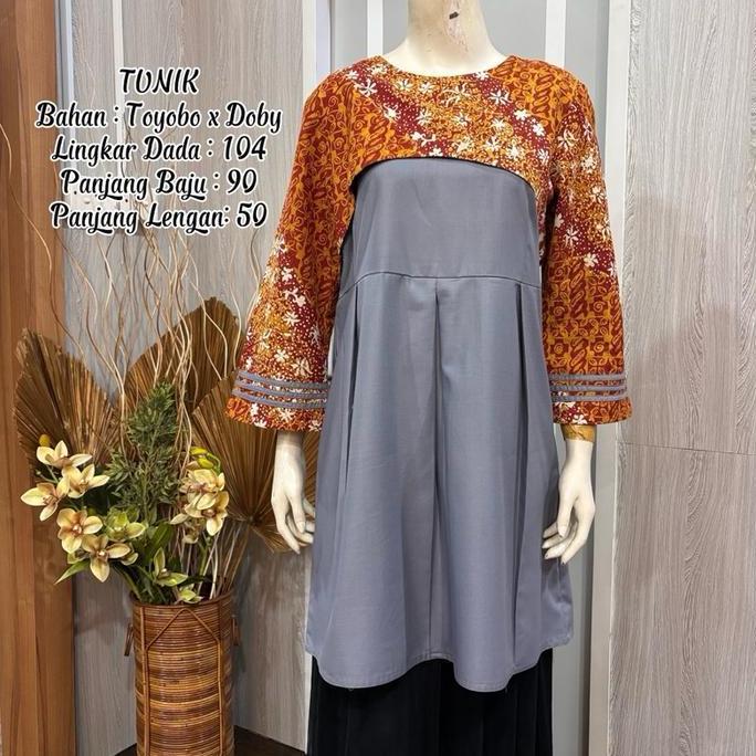 Tunik Batik Kombinasi Polos Bahan Toyobo x Doby Lingkar Dada 100 Panjang Baju 91 Panjang Lengan 47 M