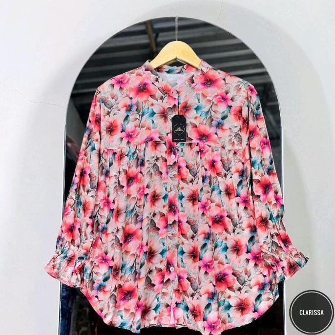 BEST SELLER SANIA ALISA BLUES KEMEJA WANITA RAYON MOTIF BUNGA ELEGAN DAN NYAMAN UNTUK TAMPILAN HARIA