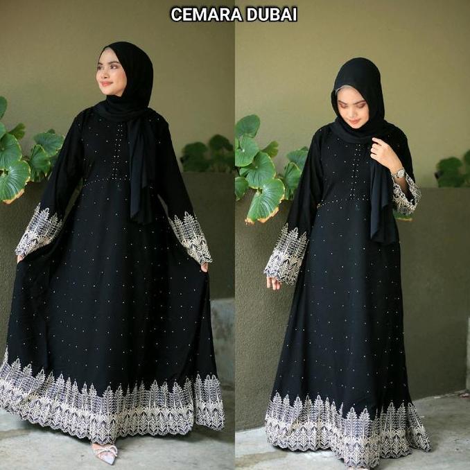 gamis dress muslimah abaya hitam cemara dubai gaun princess jetblack mewah Bordir Wanita Syari Arab 