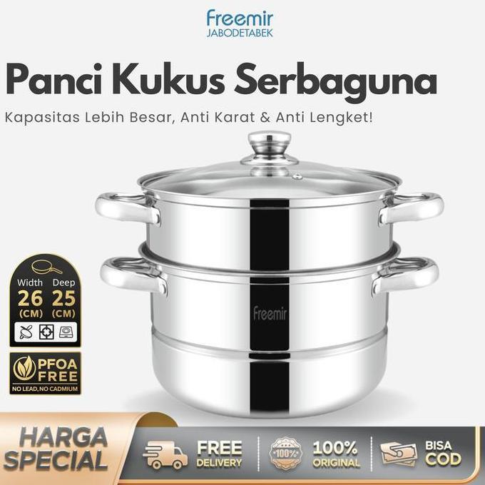 Kualitass- [Mega Sale] Freemir Panci Kukus 2 Susun 24/26Cm Panci Wajan Stainless Jumbo Anti Karat Co