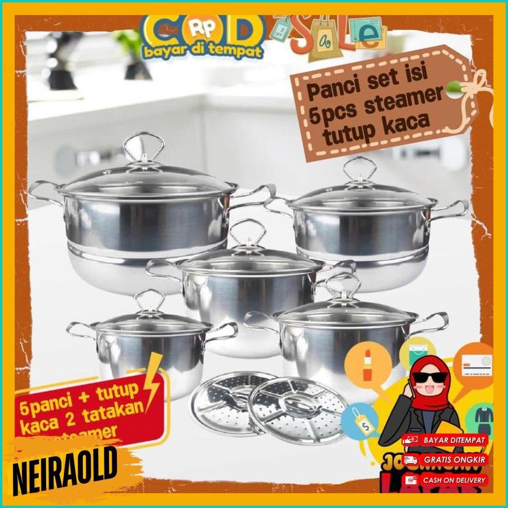 [Joeragan Lapak] Panci Set 5 Pcs Tutup Kaca High Pot Stainless Stell Kukusan Steamer Kuah Happy Fun 