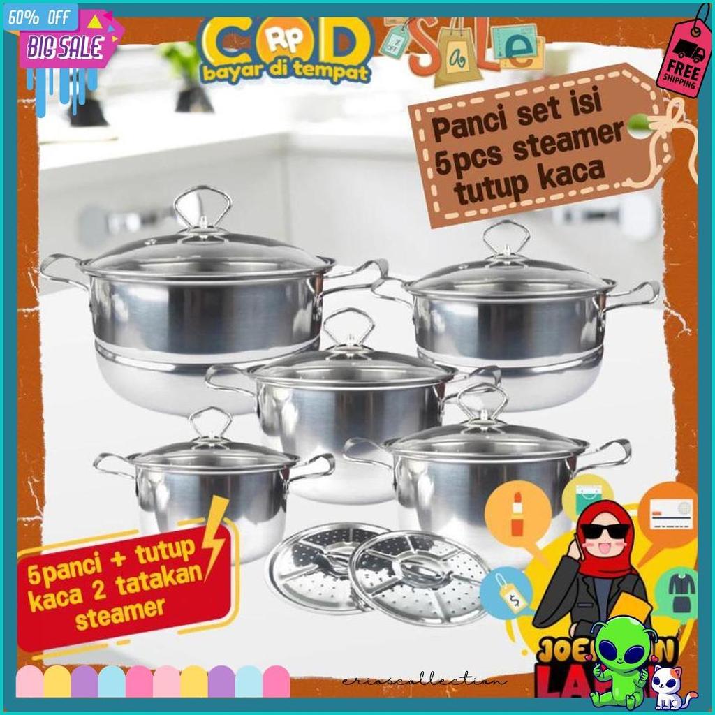 [Joeragan Lapak] Panci Set 5 Pcs Tutup Kaca High Pot Stainless Stell Kukusan Steamer Kuah Happy Fun 