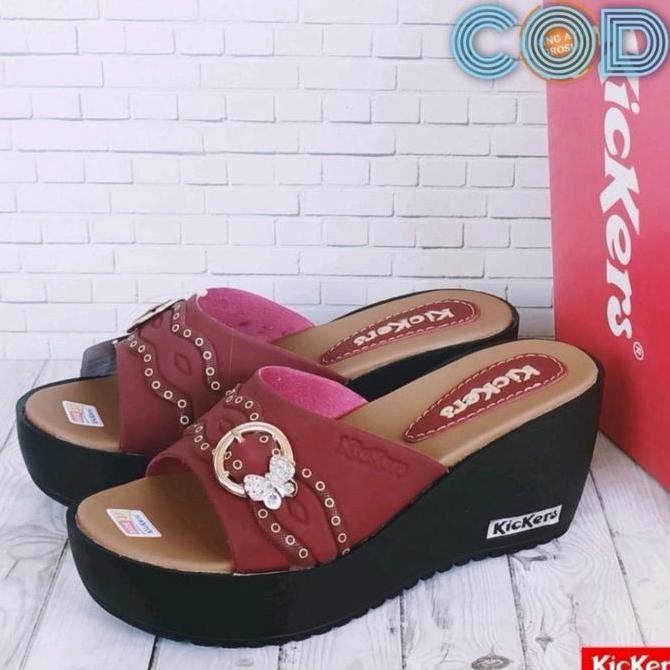 DISKON SANDAL WANITA KICKERS  HAK 7CM SANDAL SELOP SLOP WEDGES WEDJES SANDAL PESTA KICKERS MURAH BER