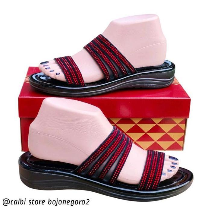 FREE ONGKIR (( ORIGINAL )) SANDAL WANITA CALBI SELOP MODEL PERMATA GLAMOUR - TINGGI HAK SEDANG - HIT