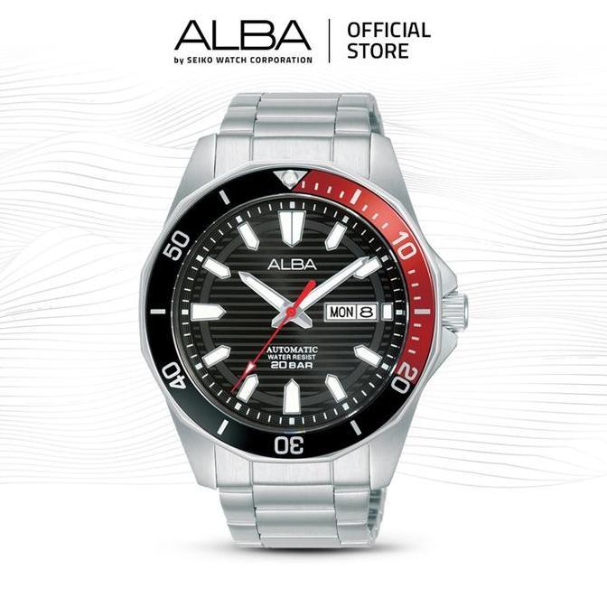 Alba Mechanical Jam Tangan Pria AL4457 / AL4457X1 Automatic Black Red Dial Stainless Steel Strap Wat