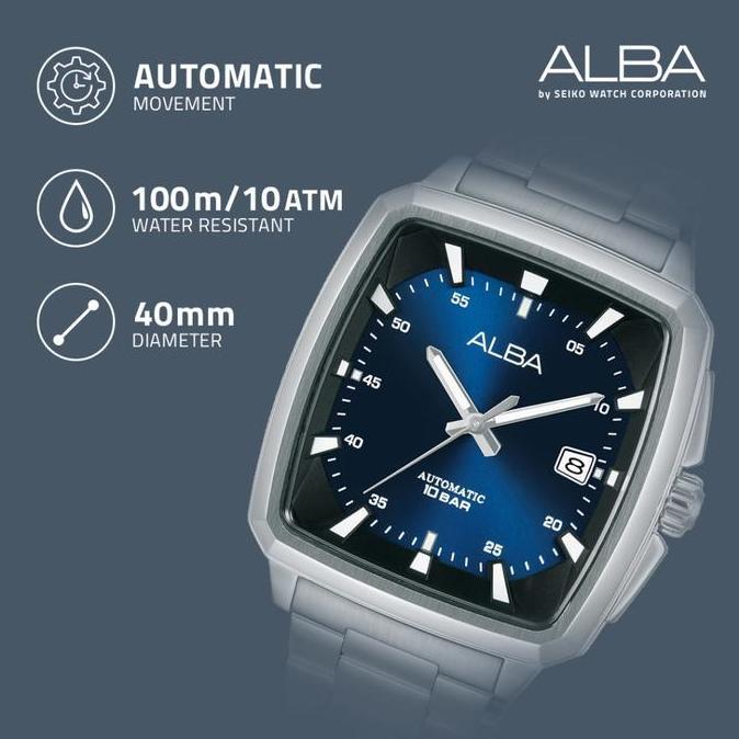 Alba Mechanical Jam Tangan Pria Kotak AU4039 / AU4039X1 Automatic Blue Dial Stainless Steel Strap Wa