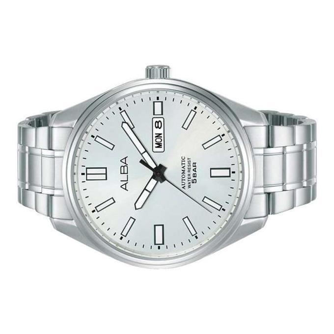 Alba Mechanical Jam Tangan Pria AL4153 / AL4153X1 Automatic Silver White Dial Stainless Steel Strap 