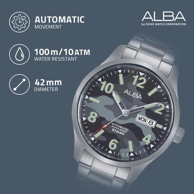 Alba Mechanical Jam Tangan Pria Field AL4275 / AL4275X1 Automatic Grey Army Camouflage Dial Stainles