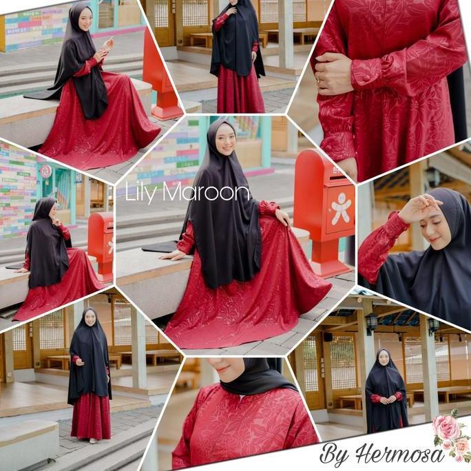 Promo [Gamis Hermosa] Gamis Hermosa Embos Motif Bunga Lily Warna Marun-Gamis Syari Marun Premium Umb