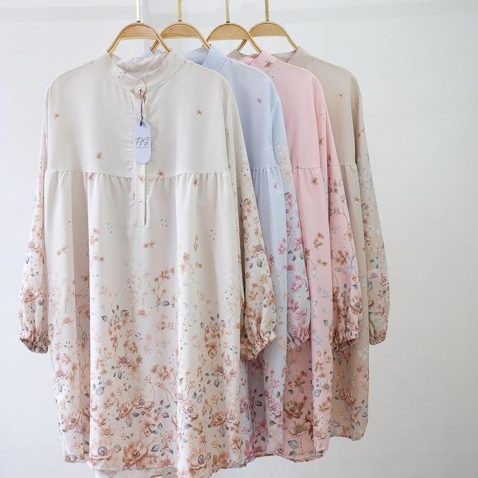 Kemeja Wanita Semi Tunik  / Top Atasan Blouse Panjang Motif Bunga / Semi Tunik Motif Bunga Lengan Pa