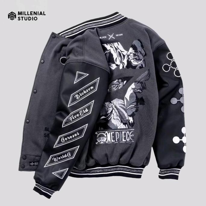 VARSITY JACKET ONE PIECE GOROSEI GREY | WORLD GOVT JAKET BASEBALL BORDIR KULIT ORINAL UNISEX Lembut 