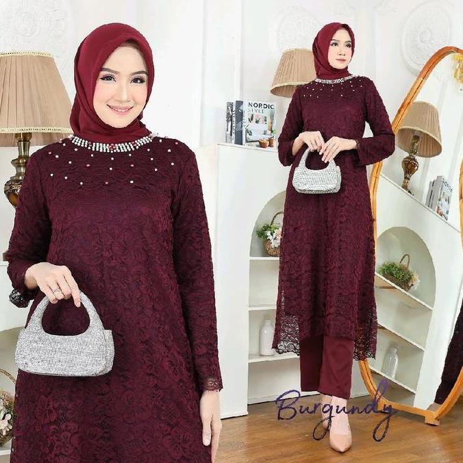 SETELAN ASTERIA Tunik brukat dan Celana L-XXXL 12w cantik mewah wanita Muslim Atasan Mutiara Maxi Ba