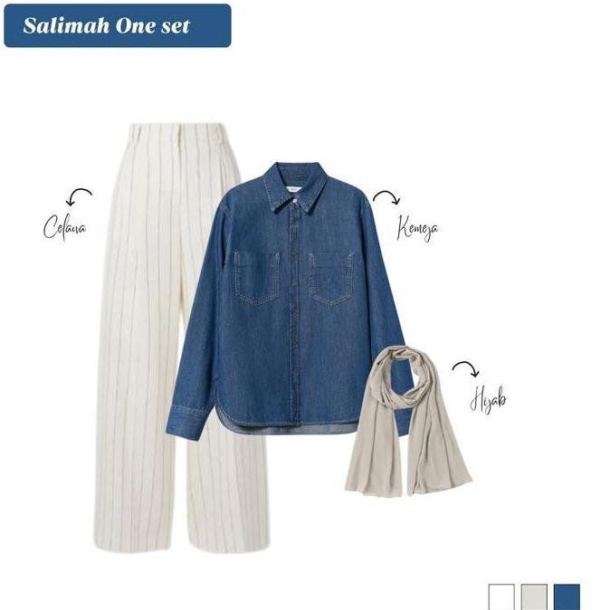Salimah One Set 3in1 ( Atasan Kemeja Denim jeans Soft dan celana Kulot  Loose Pants  Stripe Putih + 