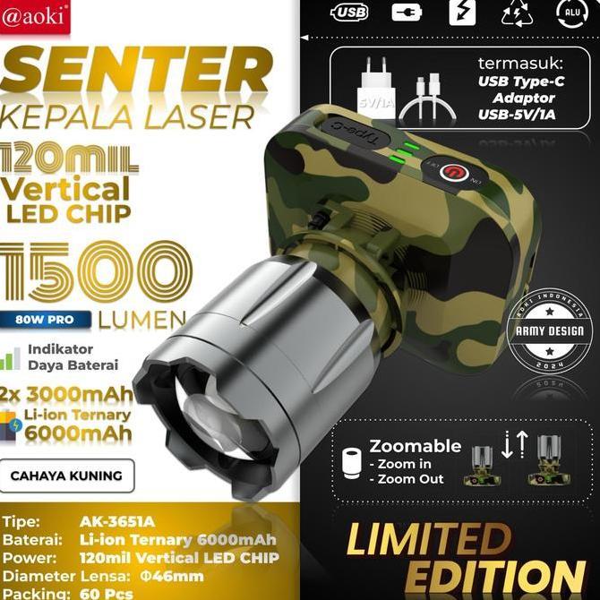 Senter Kepala Led Laser Aoki Ak-3695A 80Watt 1300 Lumen 6000Mah - Zoom Out Jarak Jauh - Tahan Lama D
