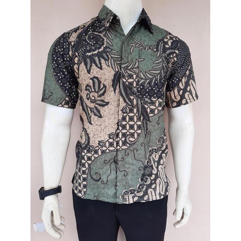 DISKON BATIK PRIA LENGAN PENDEK MOTIF KAWUNG KATE SAGE GREEN