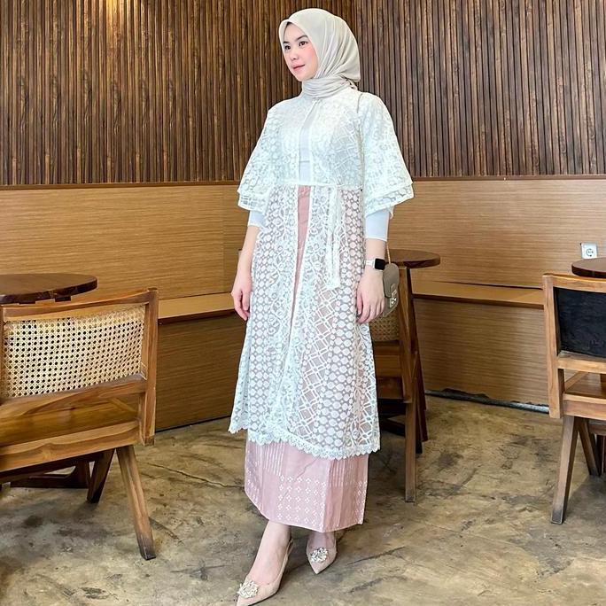 White Outer Tunik Brukat Cardigan Brokat Lengan Pendek Ruffle atasan outher brukat Outer Brokat Kond