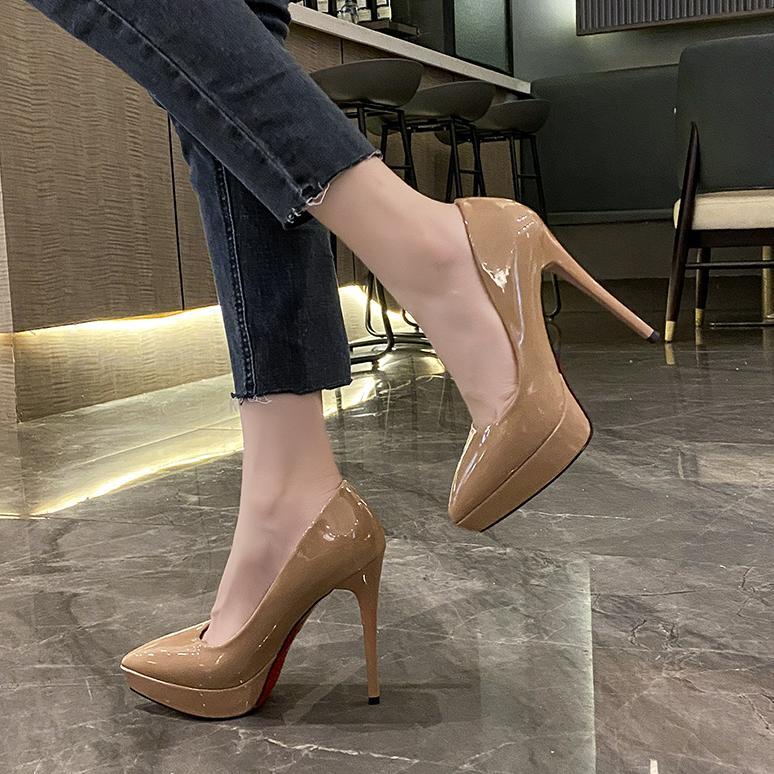 Sepatu 12cm High Stiletto Heels Hak Lancip Tinggi Kerja Kantor Wanita Korea Import Hitam Coklat Simp