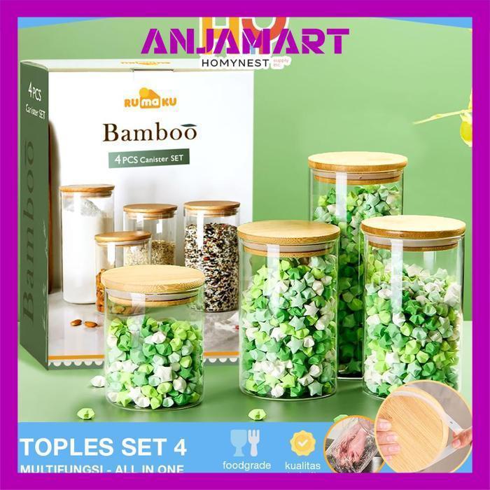 Toples Kue Aesthetic Homynest Set Toples Kaca Tutup Kayu Bamboo Kedap Udara Isi 4 Pcs