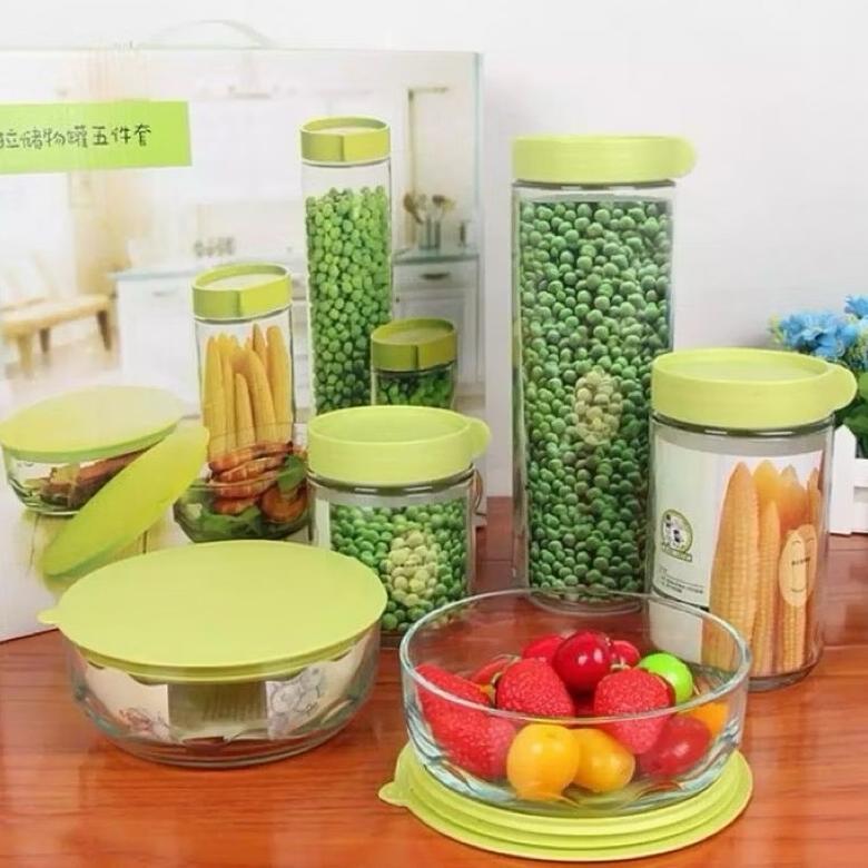 Toples GREEN 5in1 / Toples Kaca Set / Toples Kue / Food Storage / Tempat Cemilan / Wadah Makanan / T