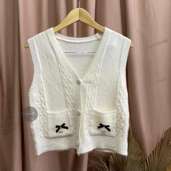 Haseena Vest Knit Shania Rompi Saku Pita Outer V Neck RajutHalusWanita