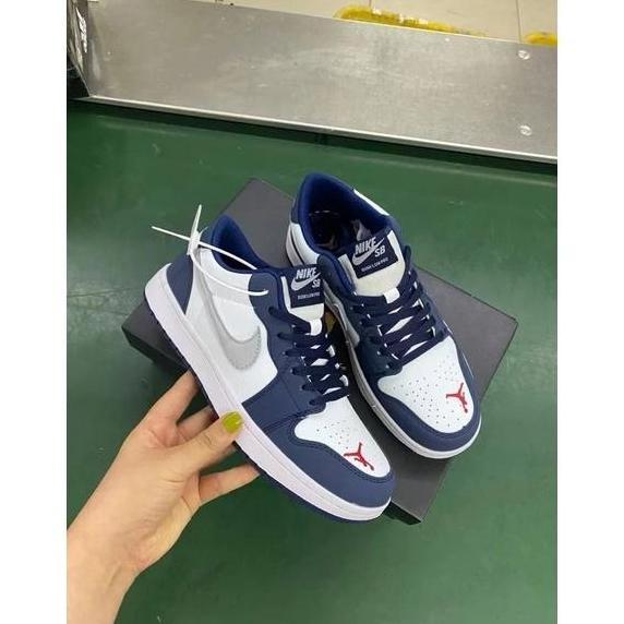sepatu sneakers pria wanita aj1 low navy silver murah premium100%