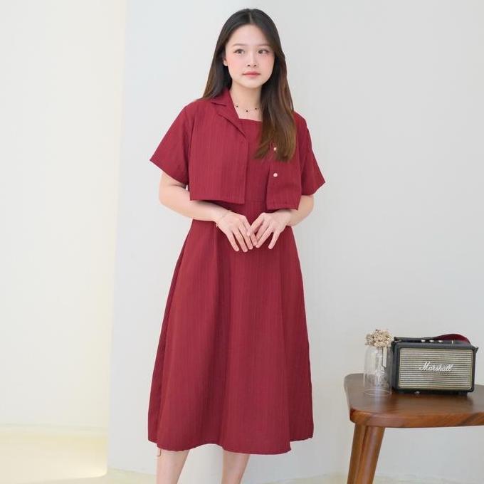 Hari Set 2in1 Midi Dress Blazer / Blazer Crop Kancing & Dress Midi Polos