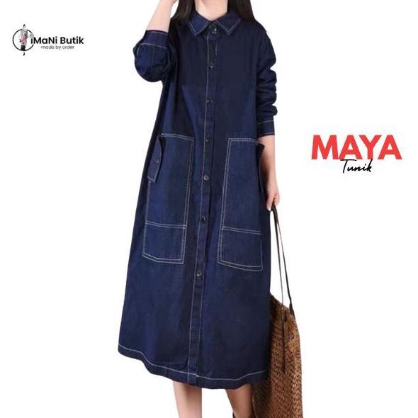 Imani Butik Tunik Maya Atasan Remaja Jeans Casual Katun Baju Panjang Kancing Imani Butik Lembut Musl