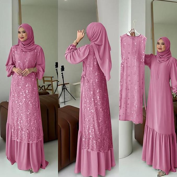 Sintia dress inner + outer brukat tile mutiara mewah oneset gamis kondangan model kekinian 2in 1 Bor