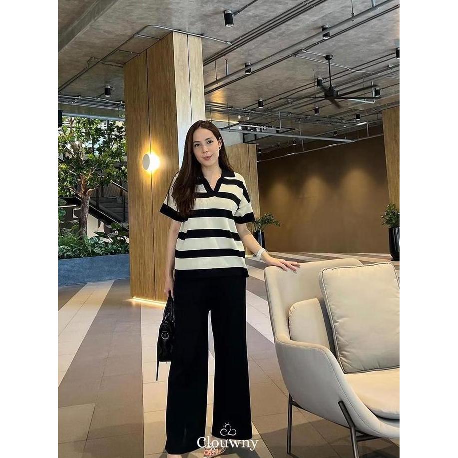 Grade Ori Minjoo Stripes Atasan Wanita Lengan Pendek Sweater Top Rajut