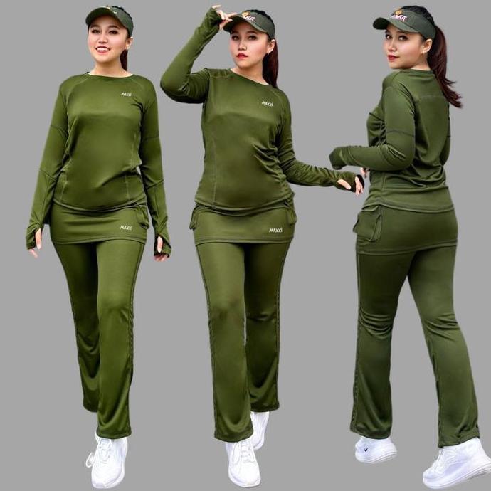 READY olahraga Baju senam Setelan Training gym hijau army Sport