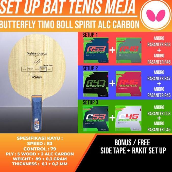 Paket Bat Pingpong Tenis Meja Rakitan Butterfly Timo Boll Spirit ALC Carbon Andro Rasanter