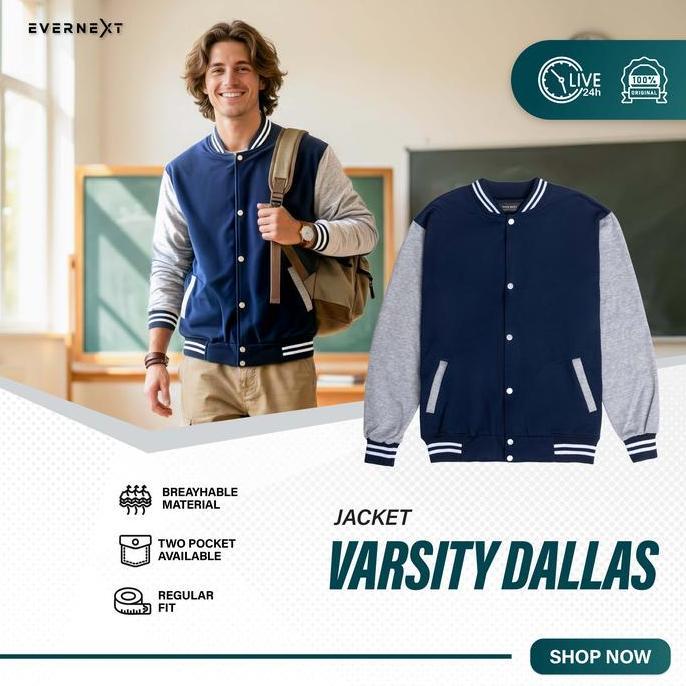 EVERNEXT - Jaket Varsity Pria Dallas Jaket Cowok Baseball Jaket Fleece Jaket Casual Pria