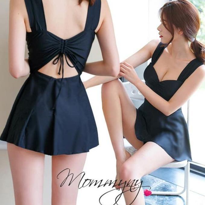 JESLIN black swimdress one piece + celana boxer pants / korean swimwear / beachwear bali / baju pant
