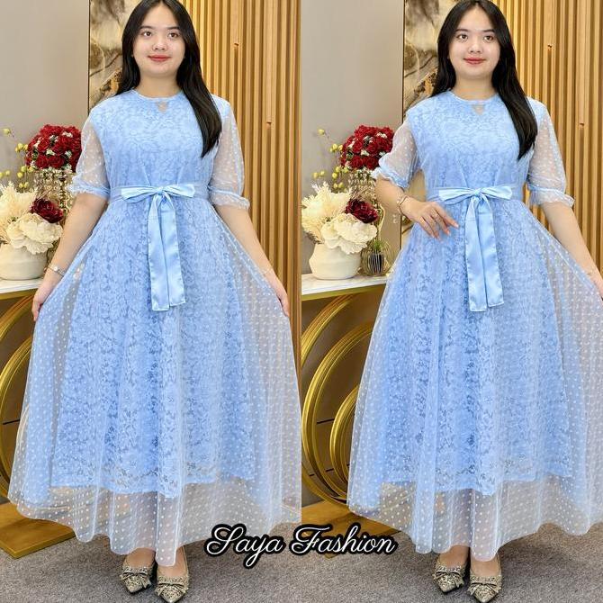Xyxy- Dress Brokat Polos Putih Maxi Mewah 20110 Casual Kombinasi Tutu Pesta Wanita