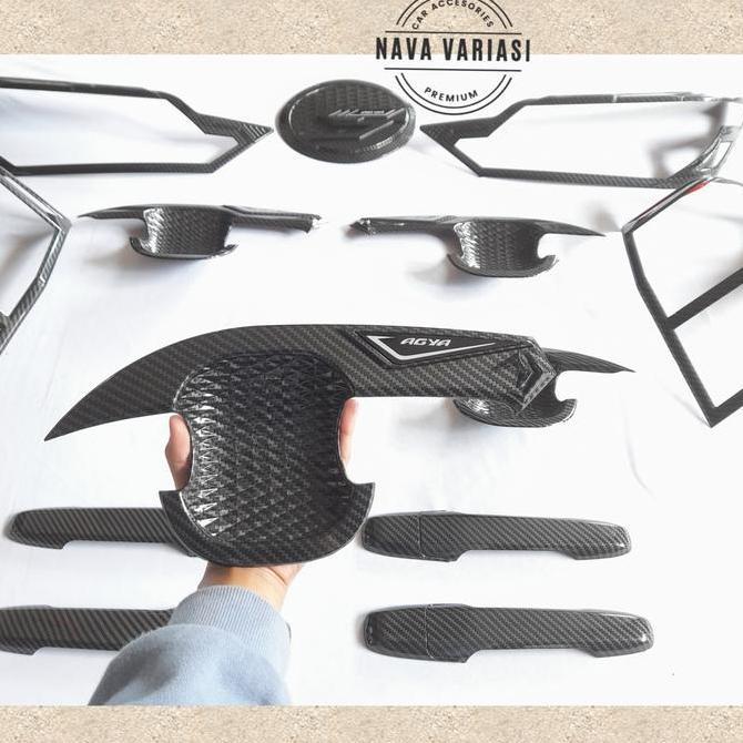 Paket Outer Cover Handle Pegangan Pintu Tank Cover Garnish Mobil Toyota Agya 2023 Glossy Carbon All 