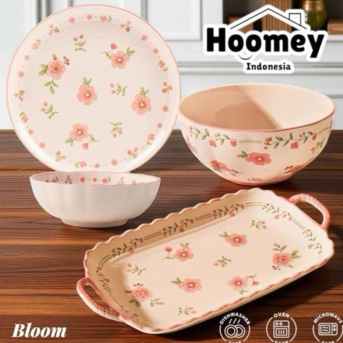Terpopuler- Piring Keramik Bloom Piring Makan Keramik Mewah Motif Bunga Warna Pink Merah Muda Piring