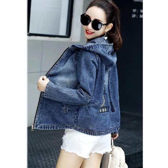 Discount Jaket Jeans Hoodie Wanita Lengan Panjang Ritsleting Belakang Bordir