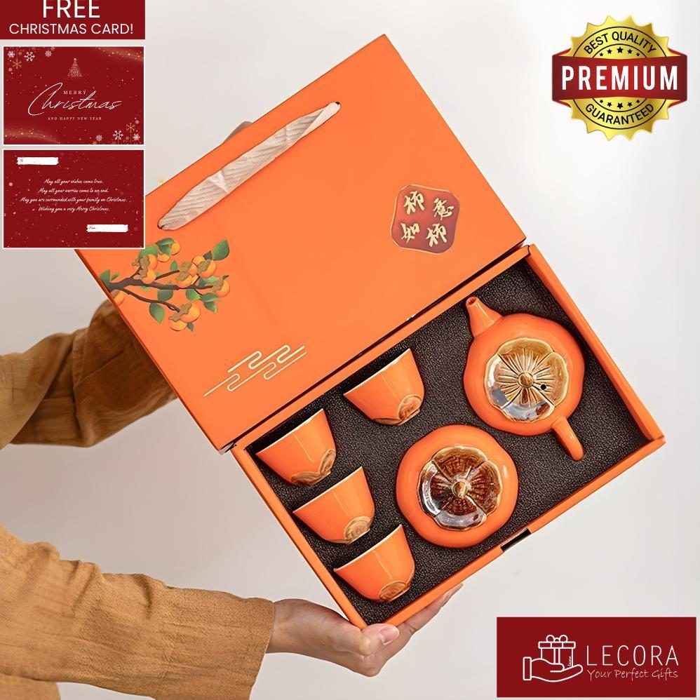 [TEASET by Lecora] Hampers Kado Hadiah Persimmon Orange Teaset, isi  4 cup + 1 teapot + 1 Wadah Teh,