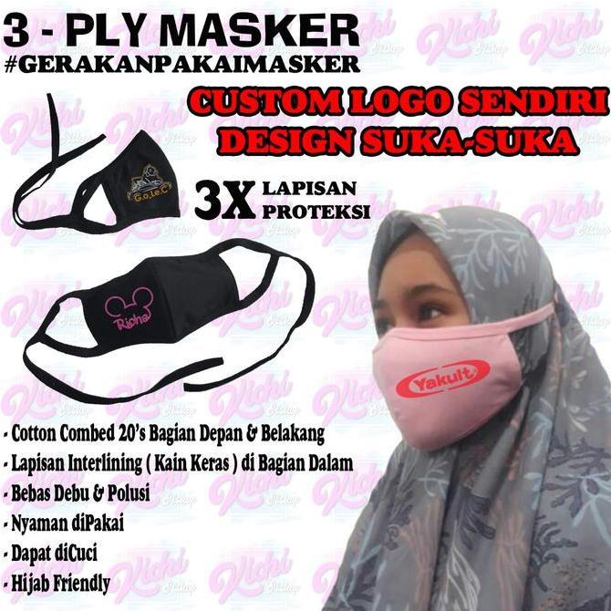 MASKER KAIN 3 PLY TALI HIJAB, CUSTOM LOGO DESIGN SUKA-SUKA ( SATUAN )