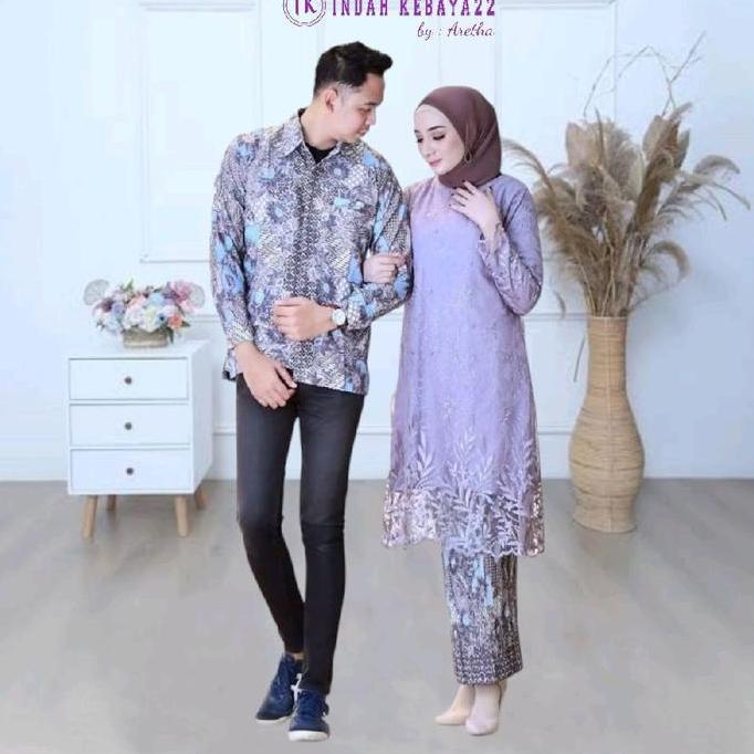 Promo Setelan Couple Kebaya Lamaran Tunik Brokat Tile Modern Elegan Pasangan Kemeja Batik Pria Dewas