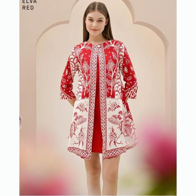 Promo Evercloth Elva Dress Batik Lengan Panjang Tunik Batik Couple Batik Modern Dress Wanita Slimfit