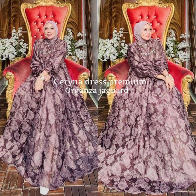 Grosir Dress Ceryna Kondangan Organza Jaguard By Ohc Gamis Muslim Wanita Mewah Pesta Lebaran Maxi De