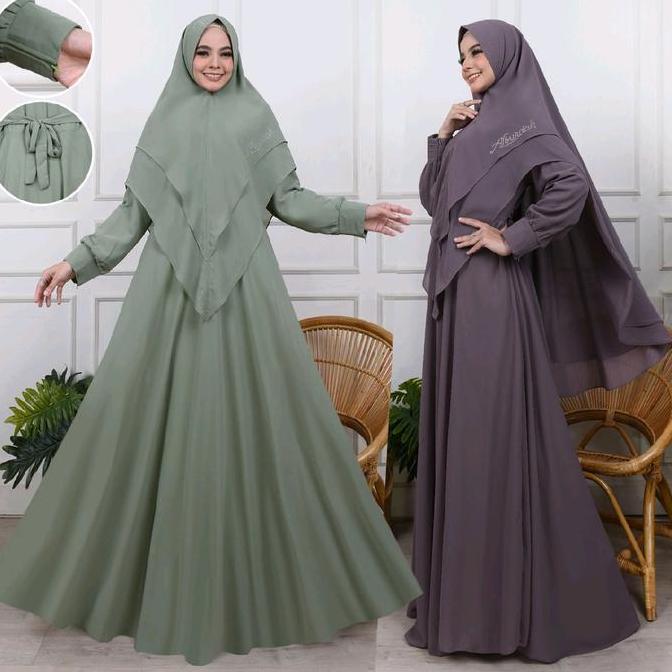 (BEST SELLER) Gamis ceruty polos jumbo set kerudung Baju ibu ibu jumbo mewah terbaru Syari Wanita Mu