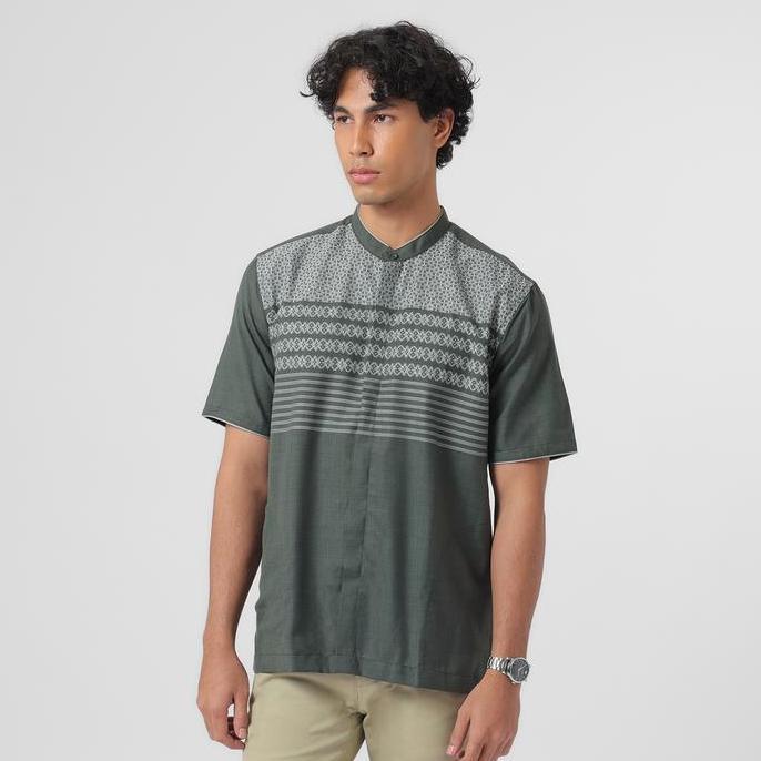(BEST SELLER) EDWIN JEANS - Kemeja Koko Pria Lengan Pendek KAHFI ARMY GREEN Baju Muslim Pria