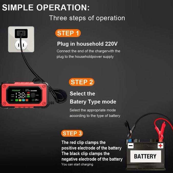 FOXSUR Charger Aki Mobil Motor 12V 7A Smart Charger Digital Display