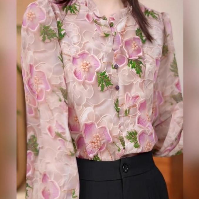 Bellastyle 99091 Kemeja wanita lengan panjang bermotif bunga berumbai, model baru musim panas 2025, 