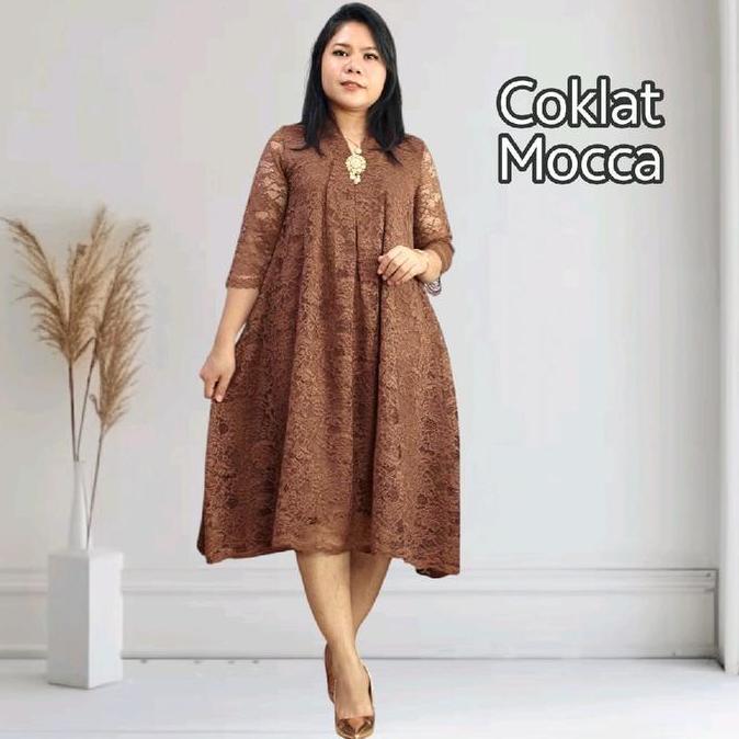 Ryuca - Dress Pesta Brukat Silvana Wanita Gaun  Brokat V-Neck A-Line